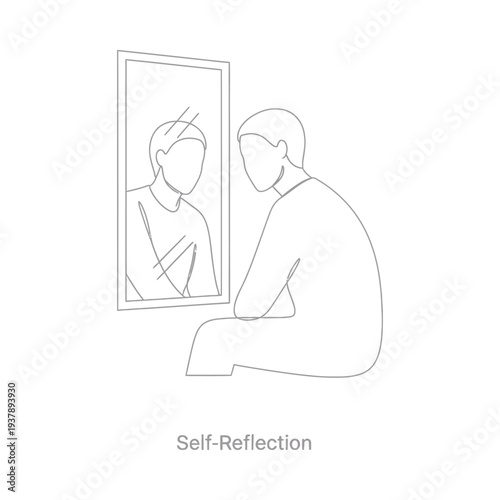 Minimalist illustration of a person seated in self reflection gazing at their reflection in a mirror conveying introspection and self awareness in a clean conceptual design style