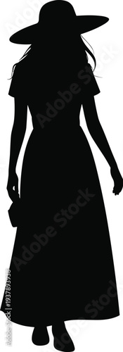 Black silhouette of a stylish woman wearing a summer sun hat and long maxi dress walking forward on white background for fashion vector design