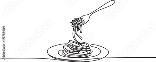 Continuous One Line Fork with Noodles on Plate | Minimalist Food Vector Illustration.one line vector illustration with out background