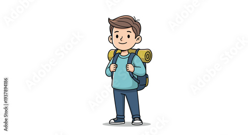 Cute cartoon boy explorer wearing a backpack with a sleeping bag ready for a fun hiking or camping outdoor adventure.