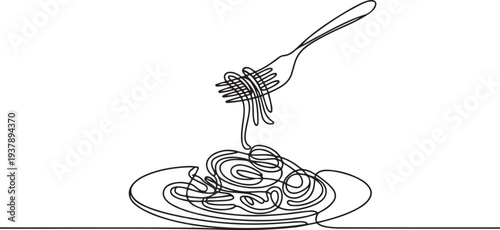 Continuous One Line Fork with Noodles on Plate | Minimalist Food Vector Illustration.one line vector illustration with out background