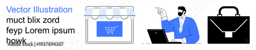 E-commerce, online transactions, small business, corporate management, digital marketing, entrepreneurial success. Shopping cart storefront, professional at laptop briefcase icon. E-commerce