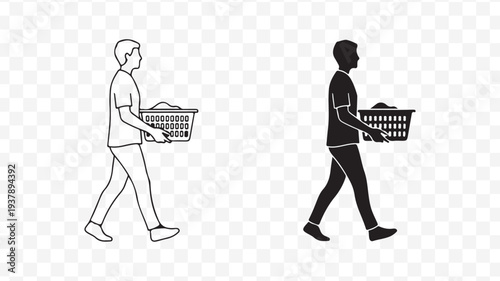 Shopping cart carriers, people walking with baskets, delivery and retail icons isolated on Transparent Background