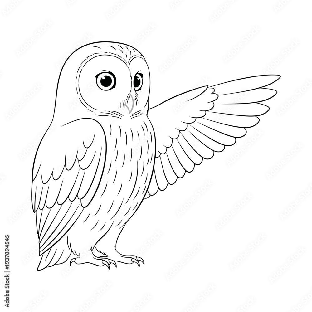 Fototapeta premium Hand drawn owl spreading its wings showcasing detailed feathers in a minimalist black and white sketch style