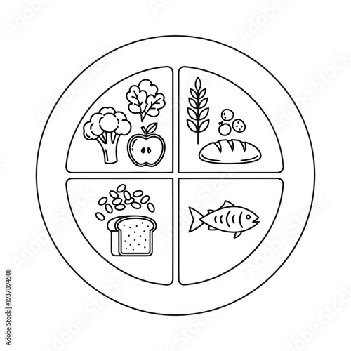 Healthy balanced diet illustration with vegetables fruits grains and fish in segmented plate design