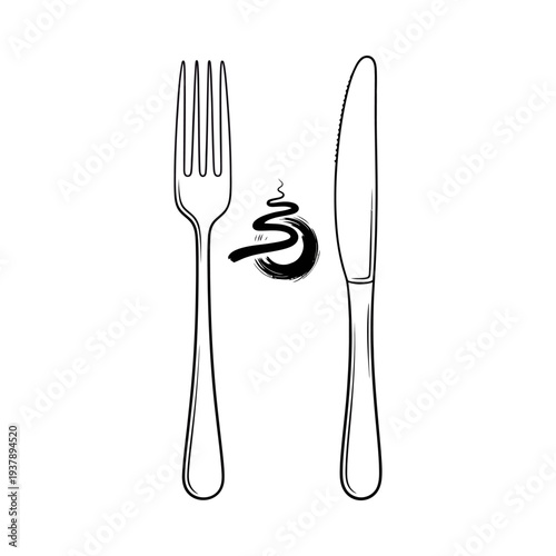 Silver fork and knife with a minimalist sketch of a fish between them isolated on a clean white background elegant dining concept
