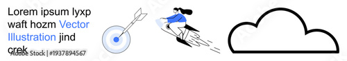 Business success, goal achievement, innovation, growth, futuristic ideas, creativity. A target with an arrow, a person riding a rocket and a cloud. Business success and goal achievement concept