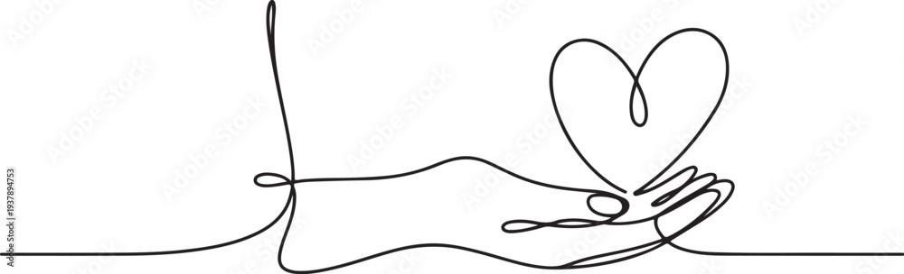 Obraz premium Continuous one line human arm holding heart symbol drawing. Charity donation concept Editable stroke