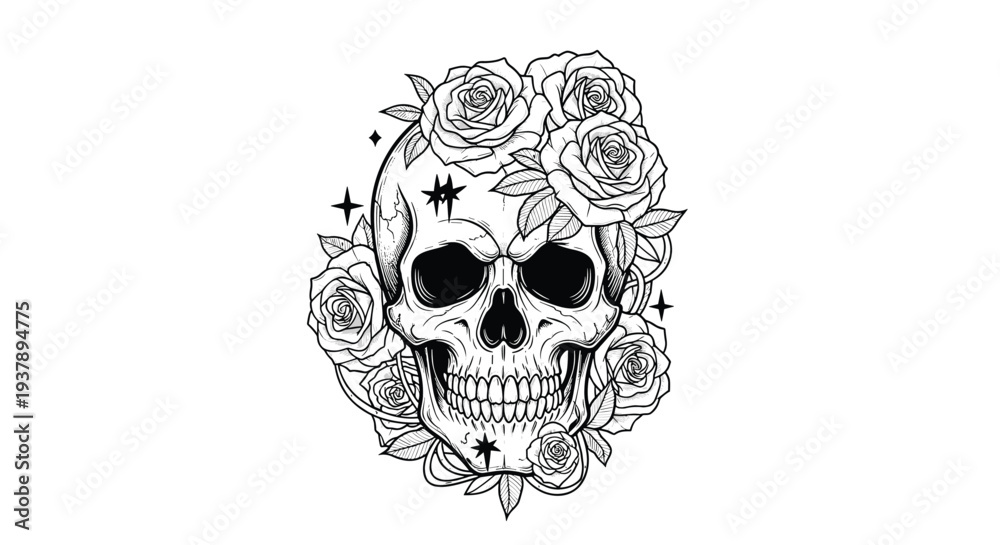 Fototapeta premium Stipple art illustration of a human skull decorated with blooming roses and stars for a dark aesthetic tattoo design.