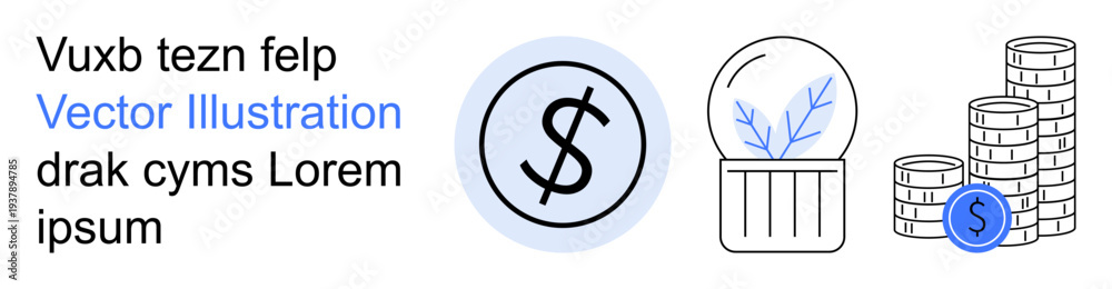 Obraz premium Financial planning, investment growth, savings, economy, wealth management, earning. Dollar symbol, coin stacks and a symbolic plant under glass. Financial planning and investment growth concept