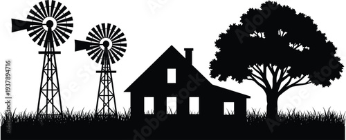 Rural Farmhouse Silhouette with Traditional Windmills and Large Leafy Tree on Grassy Field for Countryside Agriculture Homestead Nature and Rustic Village Life Vector Illustration