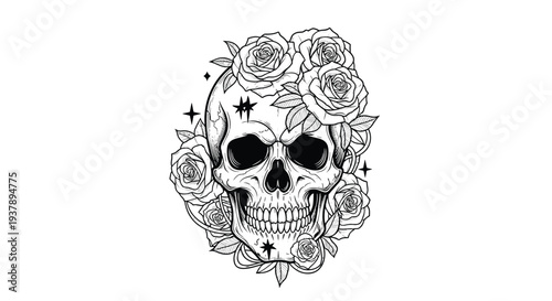 Stipple art illustration of a human skull decorated with blooming roses and stars for a dark aesthetic tattoo design.
