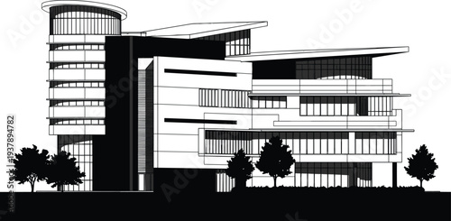 Modern Office Building Architecture Silhouette with Glass Facade and Green Trees for Corporate Business Real Estate Commercial Property Vector Illustration