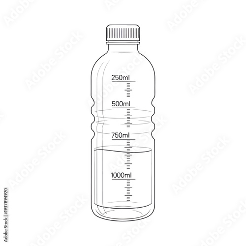 Clear transparent plastic bottle with measurements partially filled with liquid screw cap isolated on white background