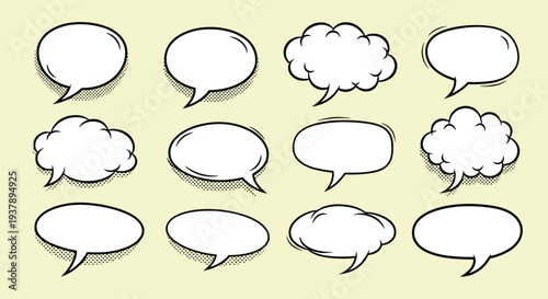 Set of twelve blank comic book speech and thought bubbles with halftone dots for creative storytelling and dialogue.