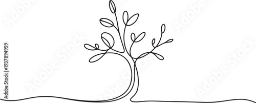 Continuous one line plant growth tree outline vector art drawing, Single line drawing of a plant. Editable stroke