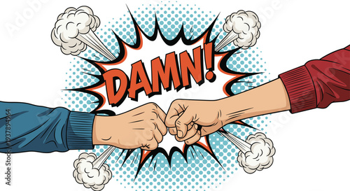 Comic book style fist bump between two people with a large Damn speech bubble and explosive graphic design effects.