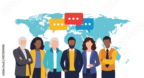 Diverse group of professional people standing together in front of a blue world map with colorful speech bubbles above them.