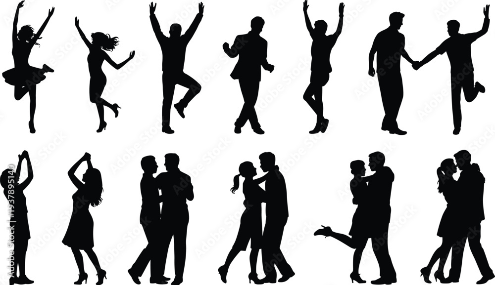 Fototapeta premium Dancing couple silhouettes collection, romantic people poses isolated on white background vector illustration set