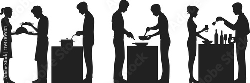 Cooking people silhouettes collection, home kitchen activities preparing meals isolated vector illustration series set bundle