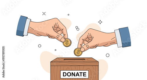 Two hands dropping gold coins into a wooden donation box with a label to support charity, philanthropy, and community funding.
