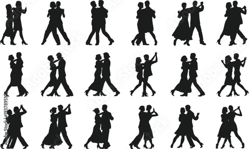 Couple dancing silhouettes collection, romantic ballroom dance partners elegant movement illustration set for celebration events design