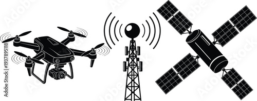 Advanced Wireless Technology Set with Drone Telecommunications Tower and Satellite Silhouettes for Global Communication Network Signal 
