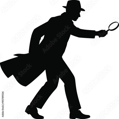 Detective silhouette investigating mystery, private investigator searching clues with magnifying glass classic noir style illustration