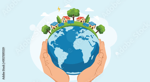 Human hands holding the Earth covered with green trees and small houses with solar panels to represent environmental conservation.
