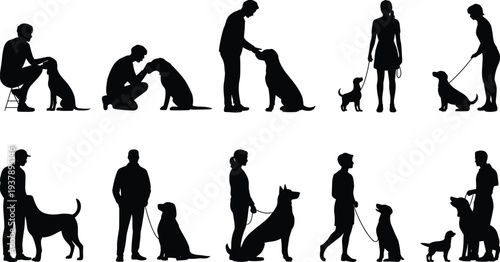 Dog walking people silhouettes collection, pet owners training and walking dogs isolated vector illustration set