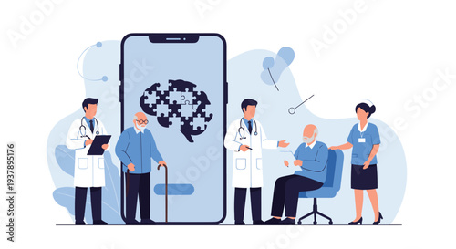 Medical team providing care for elderly patients in front of a large smartphone showing a brain puzzle for mental health awareness.