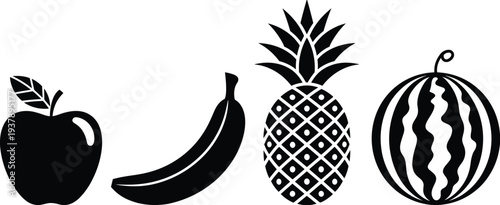 Fruit silhouettes collection, apple banana pineapple watermelon healthy food vector icons isolated illustration set
