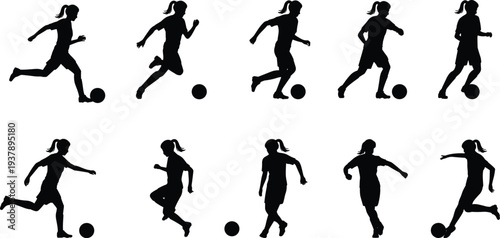 Female soccer player silhouettes, football dribbling action poses showing dynamic sport movement isolated illustration collection set