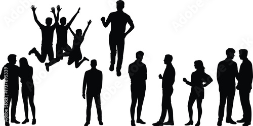 People group silhouette collection, jumping standing and talking human figures isolated vector illustration for design projects