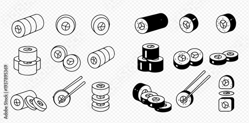 Sushi rolls and slices in outline and solid styles, a collection of Japanese food icons.