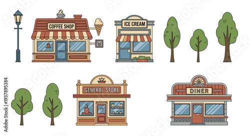 Collection of small town buildings including a coffee shop, ice cream parlor, general store, and a diner with green trees nearby.