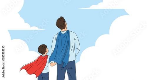 Father and son standing together wearing superhero capes while looking up at a blue sky filled with white clouds as a team.