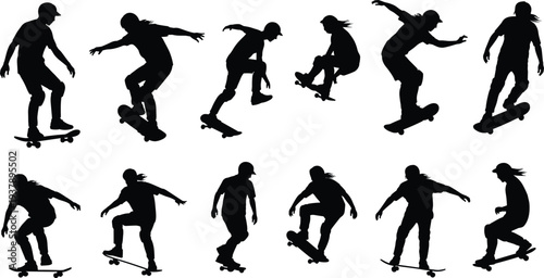 Skateboarder action silhouettes, skateboarding tricks collection showing dynamic movement extreme sport urban lifestyle illustration set