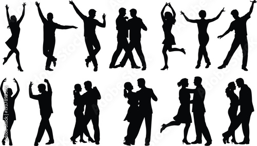 Romantic dancing couple silhouettes set, happy people poses isolated on white background illustration collection