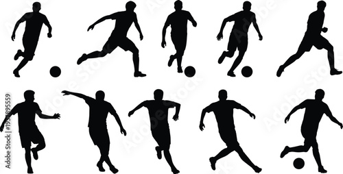 Soccer player action silhouettes, football dribbling poses collection showing dynamic sport movement isolated illustration set