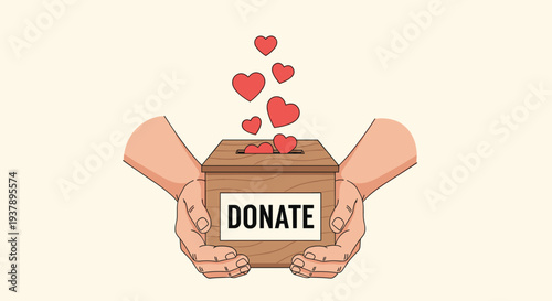 Charity and donation concept showing hands holding a wooden box filled with hearts for support and help.