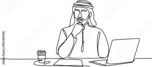 Drawing of arab businessman thinking about project at workplace thoughtful. Single continuous line art style Editable stroke