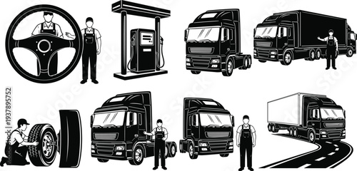 Vector Illustration Collection Featuring Semi Truck Silhouettes, Professional Drivers, Fuel Stations, Tire Maintenance, Steering Wheels, and Logistics Delivery 

