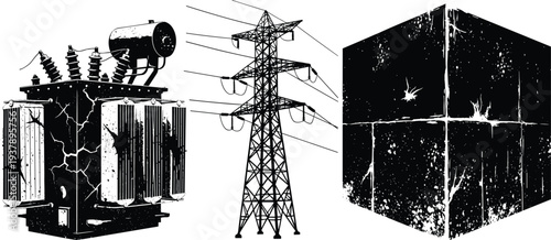 Vector Illustration Collection Featuring an Industrial Power Transformer with Grunge Texture, High Voltage Electric Transmission Tower, and a Distressed Black Cube for Energy Technology Designs.