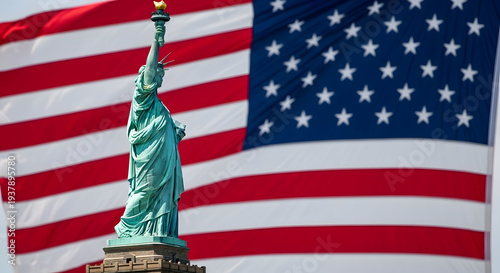 The statue of liberty in front of the american flag