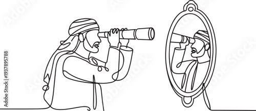 Drawing of arab man holding telescope looking into self in mirror. Single line art style. Editable stroke