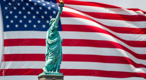The statue of liberty with american flag background