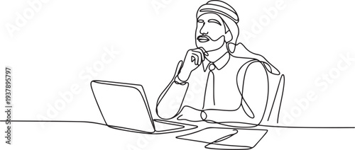 Drawing of arab businessman thinking about project at workplace thoughtful. Single continuous line art style Editable stroke