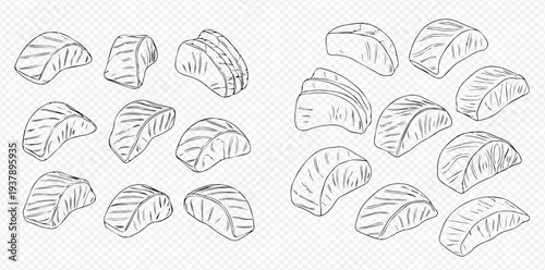 Hand drawn salmon slices for sushi and sashimi in sketch style.