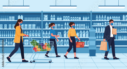 Group of people wearing face masks shopping for groceries in a modern supermarket with stocked shelves.